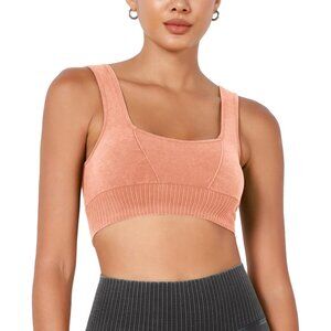 Women's Stone Washing Orange Square Neck Low Back Ribbed Cropped Sports Bra